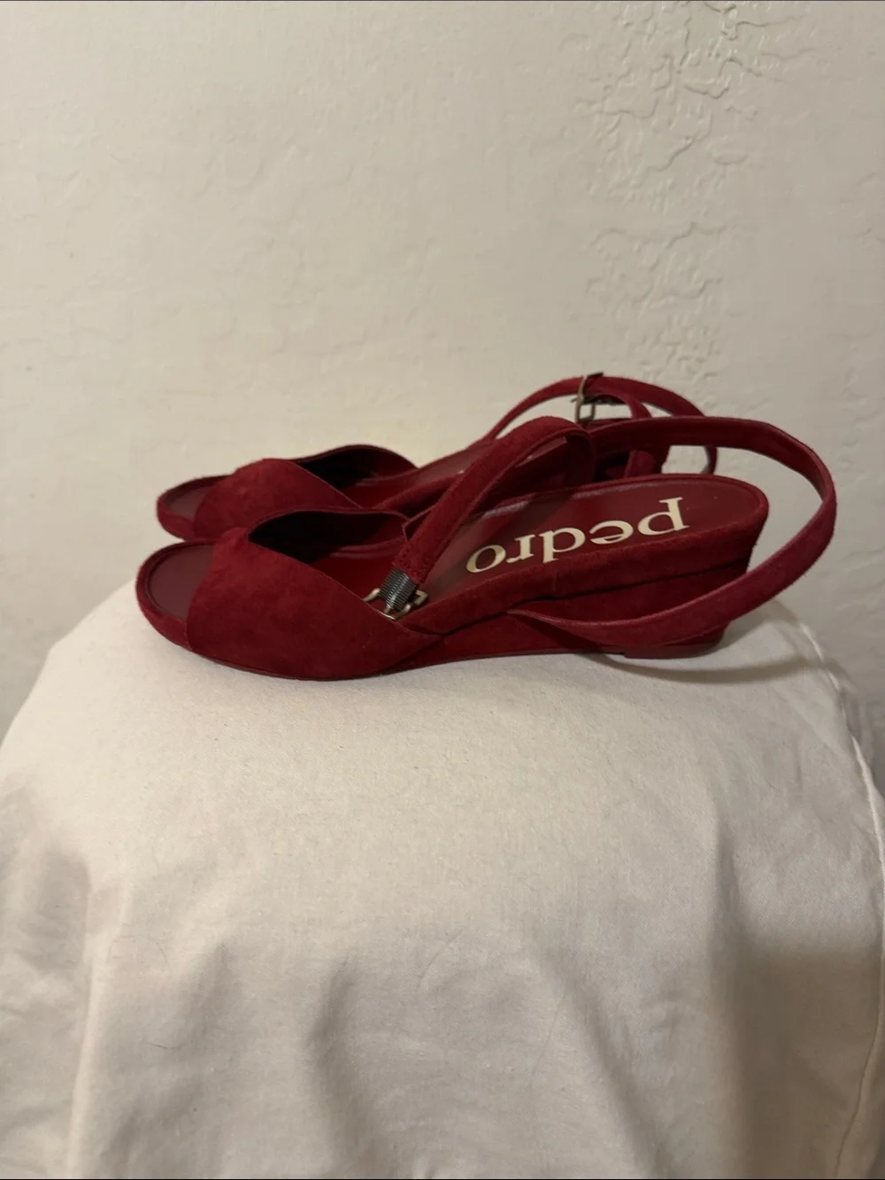 Pedro Garcia Red Suede Low Wedge Sandals with Ankle Strap